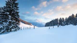 Verschneites Feld und Blick auf die winterlichen Gipfel.