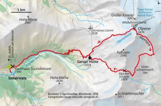 Karte: Olperer-Überschreitung über Geraer Hütte, Olpererferner, Riepengrat und Alpeiner Scharte.